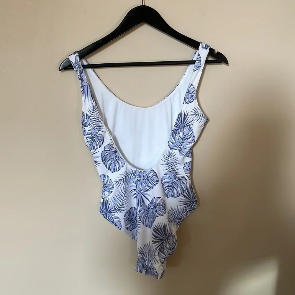 Onia Kelly One Piece White Blue Tropical Plant Print Low Back Bathing Suit